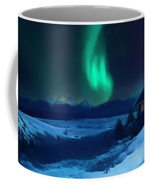 Winter Cabin Mountain Aurora Coffee Mug featuring the painting Winter Cabin Mountain Aurora by Dan Sproul