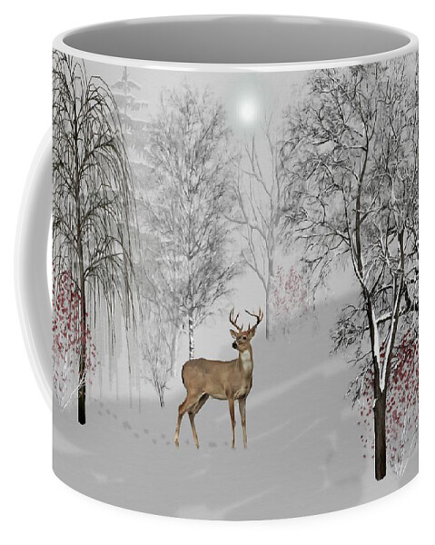 Animal Coffee Mug featuring the mixed media Winter Morning with A Deer by David Dehner