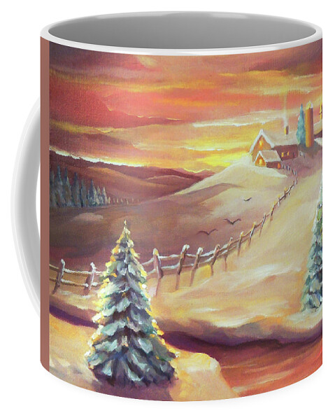 Winter Coffee Mug featuring the painting Winter Sunset on the Farm by Nancy Griswold