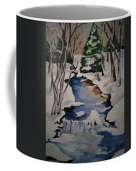 Snow Coffee Mug featuring the painting Wintry stream by Barbara Fincher