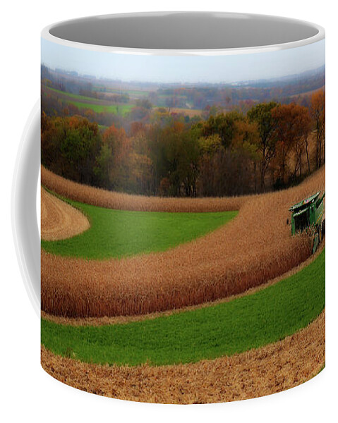 Wisconsin Farm Farming Corn John Deere Combine Tractor Contour Agriculture Harvest Landscape Scenic Coffee Mug featuring the photograph WisContours - Corn harvest on the driftless prairie of SW Wisconsin by Peter Herman
