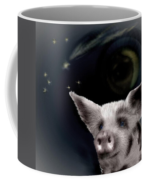 Pig Stars Shooting Stars Blue Eyed Coffee Mug featuring the mixed media Wishing Piggy by Pamela Calhoun