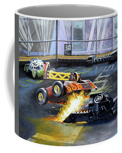 Battlebots Coffee Mug featuring the painting Witch Doctor Extinguisher and Gruff by Joan Garcia