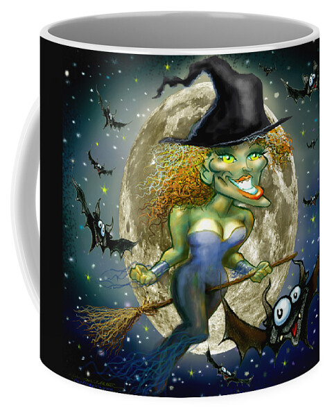 Witch Coffee Mug featuring the digital art Witch on Broomstick at Full Moon by Kevin Middleton