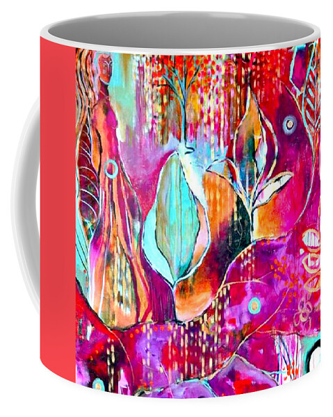 Pink Red Blue Bees Abstract Contemporary Flowers Plants Color Landscape Woman Female Artist Woman Bright Coffee Mug featuring the painting Witchy Woman Pink and TEAL Power to rifle by Kasey Jones
