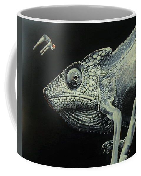 Chameleon Coffee Mug featuring the painting With All That's Happening This Is Not The Time To Go Diving by Jean Cormier