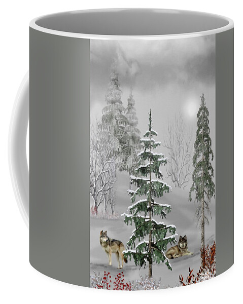 Wolf Coffee Mug featuring the mixed media Wolves In The Winter Forest Color by David Dehner
