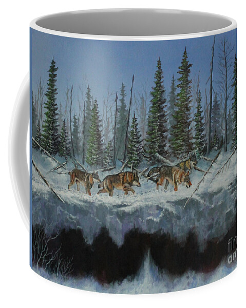 Wolf Coffee Mug featuring the painting Wolves Traversing the Ridgeway by Bob Williams