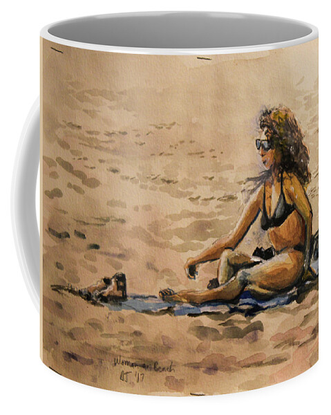  Coffee Mug featuring the painting Woman on Beach by Douglas Jerving