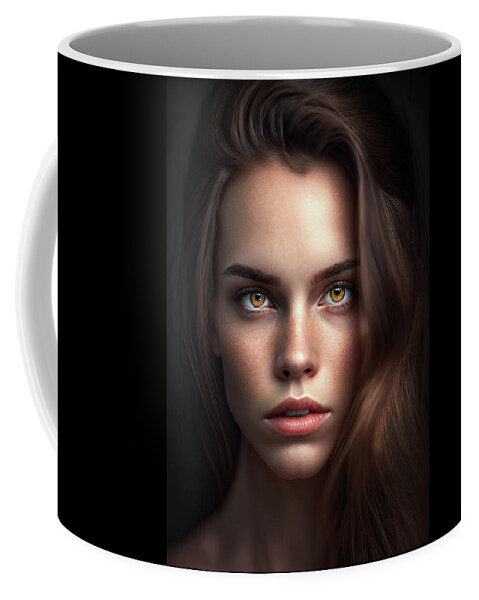 Woman Coffee Mug featuring the digital art Woman Portrait 21 Brown Hair Hazel Eyes by Matthias Hauser