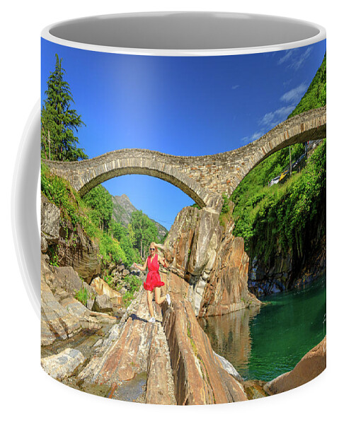 Switzerland Coffee Mug featuring the photograph woman running at Ponte dei Salti Bridge by Benny Marty