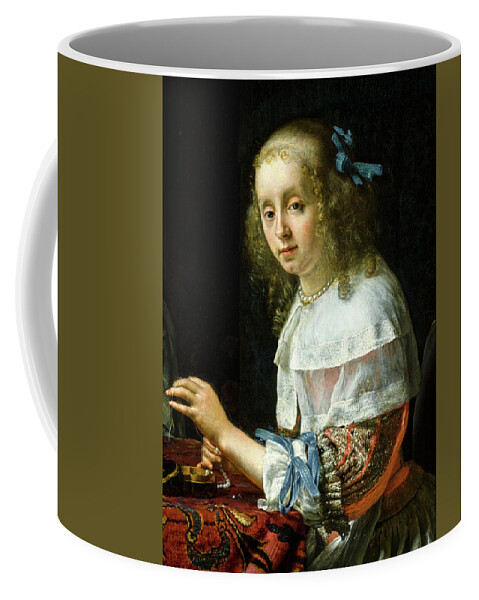 Frans Van Mieris The Elder Coffee Mug featuring the painting Woman threading Pearls, 1658 by Frans van Mieris the Elder