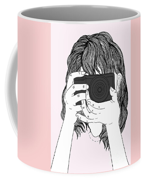 Graphic Coffee Mug featuring the digital art Woman With A Camera - Line Art Graphic Illustration Artwork by Sambel Pedes