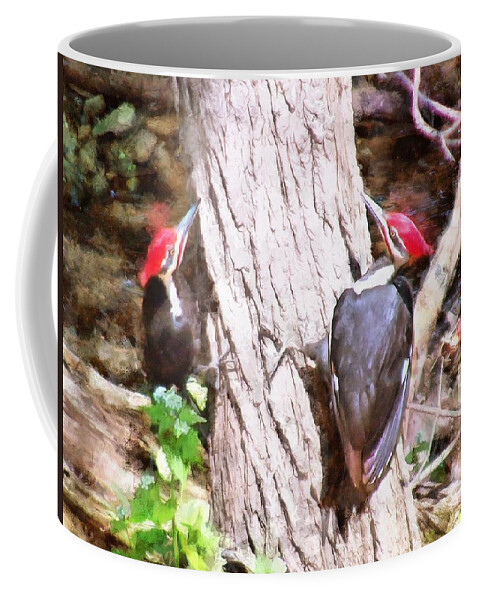 Woodpeckers Coffee Mug featuring the mixed media Woodpeckers by the Stream by Christopher Reed