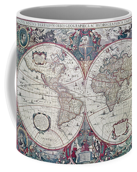 1641 Coffee Mug featuring the drawing World Map, 1641 by Henricus Hondius