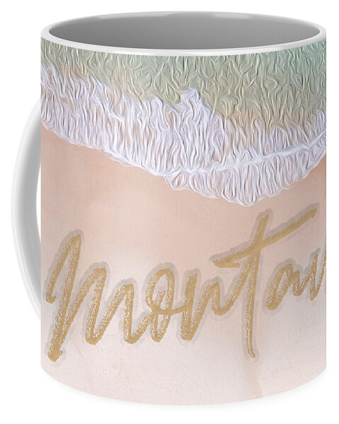 Montauk Coffee Mug featuring the digital art Writing In The Sand - Montauk by Mary Poliquin - Policain Creations