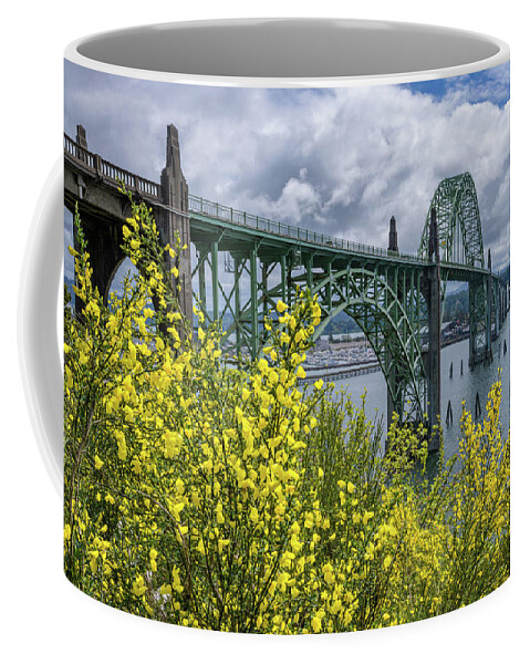 Newport Coffee Mug featuring the photograph Yaquina Bay Bridge Scotch Broom Blooms by Darren White
