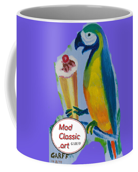 Parrot Coffee Mug featuring the painting Yellow Ara with Ice Cream ModClassic Art by Enrico Garff