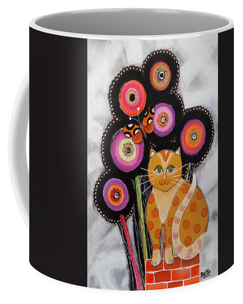 Cat Coffee Mug featuring the painting Yellow cat with Flowers by Graciela Bello