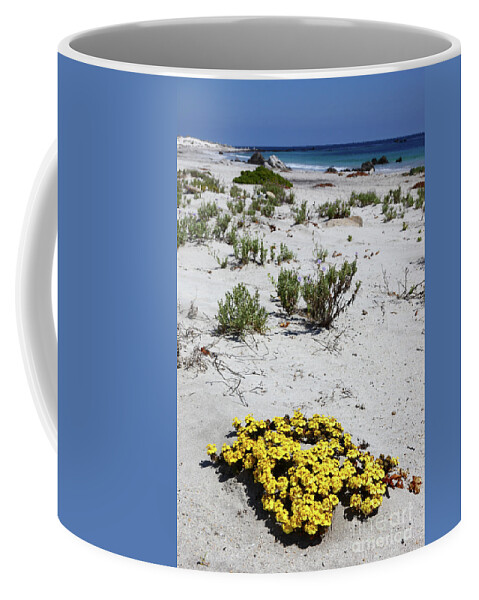 Chile Coffee Mug featuring the photograph Yellow flowers on the beach Chile by James Brunker