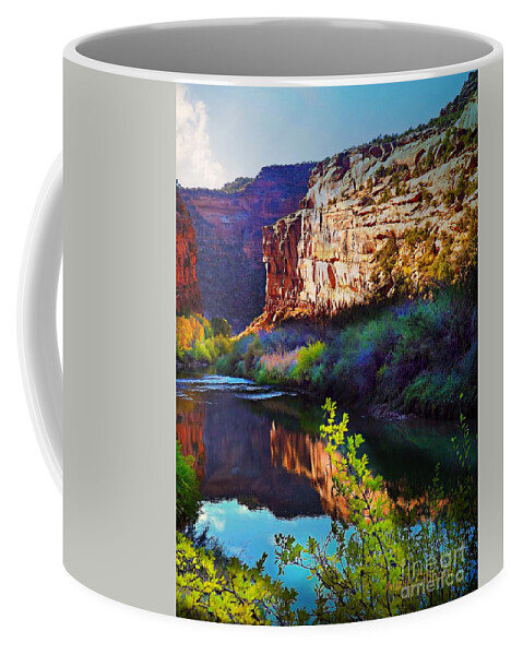 Gorgeous Deep Colors Along The Dolores River Canyon In The Fall Purples Blues Tans Greens Pink Teal Yellow Coffee Mug featuring the digital art Yellow green Leave over the River by Annie Gibbons