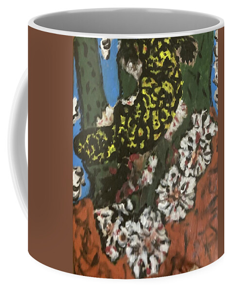 Paintings Of Lizards Coffee Mug featuring the mixed media Yellow lizard Cactus Flowers by Bencasso Barnesquiat