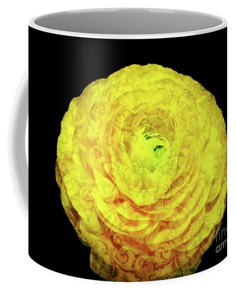 Yellow Ranunculus Flower Brocade Soft Melt Abstract Coffee Mug featuring the photograph Yellow Ranunculus Flower Brocade and Soft Melt Abstract by Rose Santuci-Sofranko