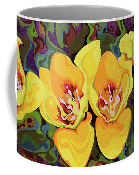 Yellow Coffee Mug featuring the painting Yellow Surprise by Amy Ferrari