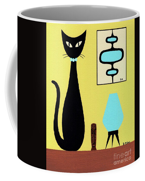 Mid Century Modern Black Cat Coffee Mug featuring the painting Yellow Tabletop Cat Beehive Lamp by Donna Mibus
