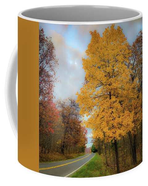 Fall Coffee Mug featuring the photograph Yellow Tree, Rural Road by Lora J Wilson