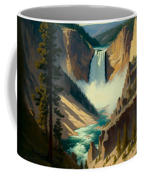 Landscape Coffee Mug featuring the painting Yellowstone Falls seen from Artist Point by Kai Saarto