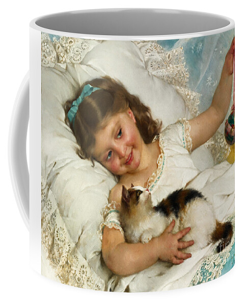 Girl Coffee Mug featuring the painting Young Girl with Cat 1882 by Peter Ogden
