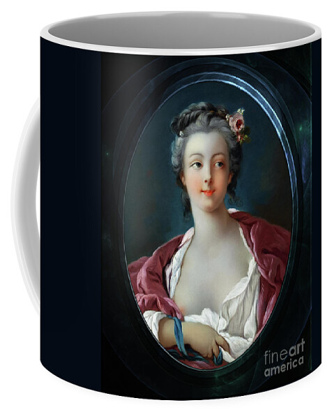 Portrait Of A Young Woman Coffee Mug featuring the painting Young Woman with Flowers in Her Hair by Francois Boucher Classical Fine Art Reproduction by Rolando Burbon