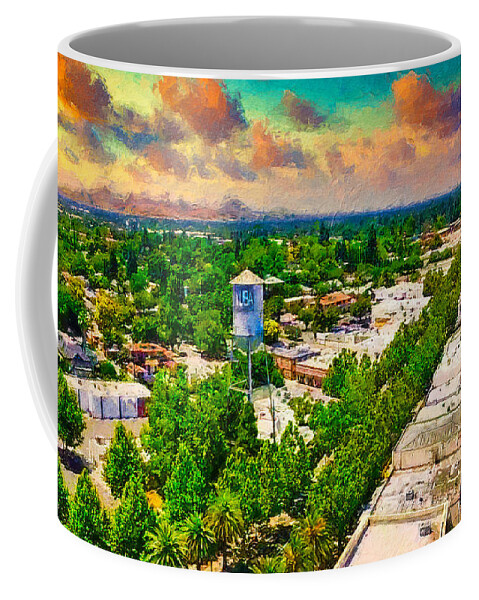 Yuba City Coffee Mug featuring the digital art Yuba City and the water tower, California - digital painting by Nicko Prints