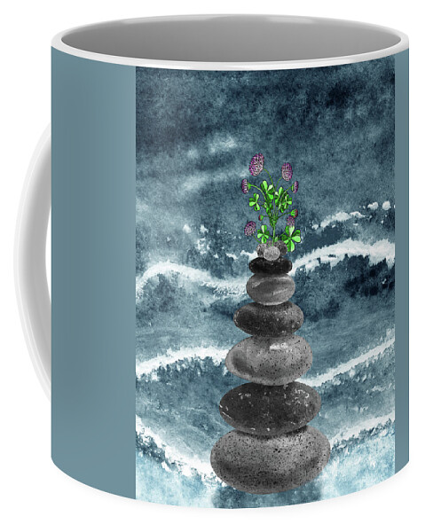 Zen Rocks Coffee Mug featuring the painting Zen Rocks Cairn Meditative Tower Lucky Clover Flowers Watercolor by Irina Sztukowski