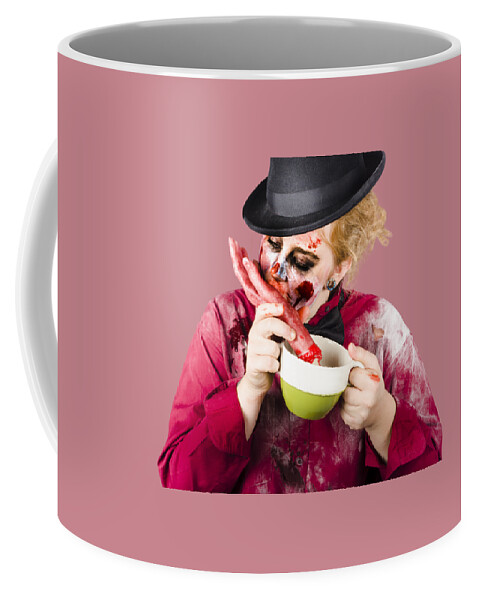 Hungry Coffee Mug featuring the photograph Zombie eating pea and hand soup by Jorgo Photography