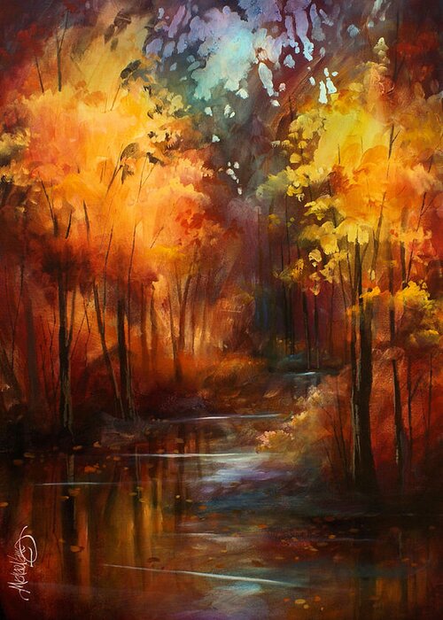 Landscape Greeting Card featuring the painting ' Autumns Place ' by Michael Lang