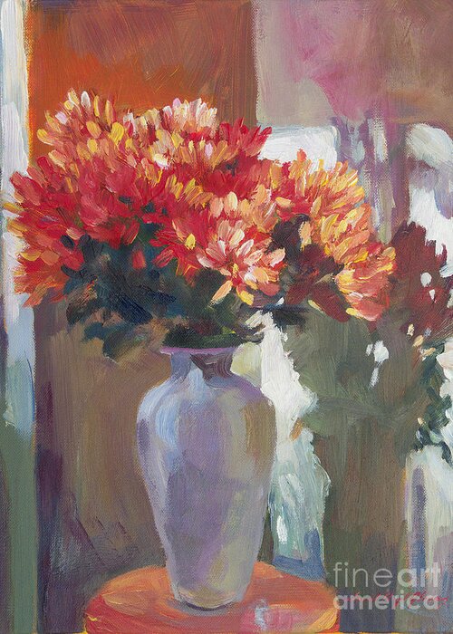 Still Life Greeting Card featuring the painting Chrysanthemums In Vase by David Lloyd Glover