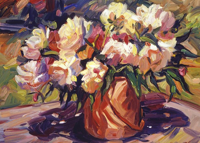 Still Life Greeting Card featuring the painting Flower Bucket by David Lloyd Glover