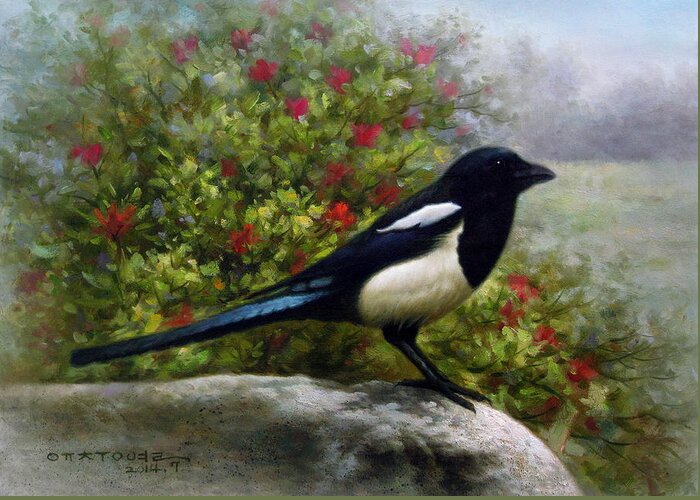 Magpie Greeting Card featuring the painting Magpie by Yoo Choong Yeul