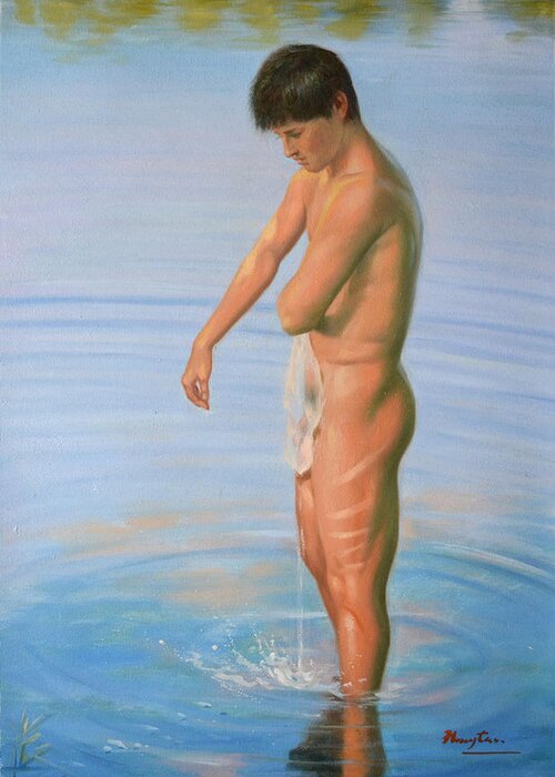 Original Greeting Card featuring the painting Original Classic Oil Painting Man Body Male Nude #16-2-4-08 by Hongtao Huang
