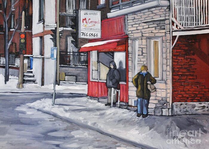 Church Street Verdun Greeting Card featuring the painting Outside Les Viandes McCormack by Reb Frost