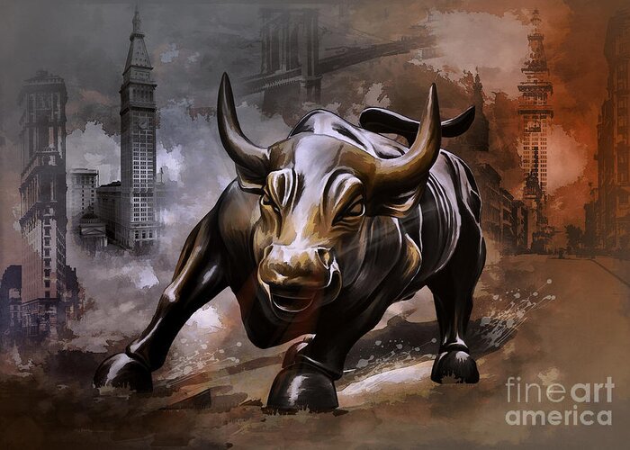 New York Greeting Card featuring the painting Raging Bull by Andrzej Szczerski