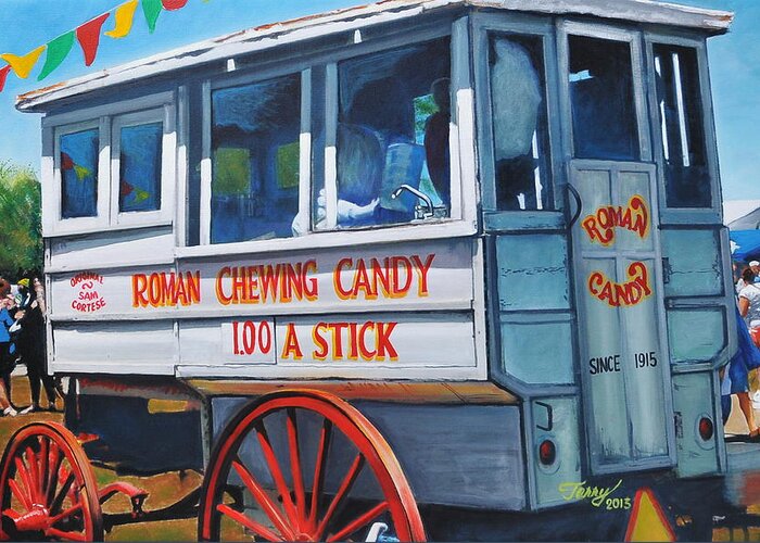 Roman Candy Greeting Card featuring the painting Roman Candy Guy at Jazz Fest by Terry J Marks Sr