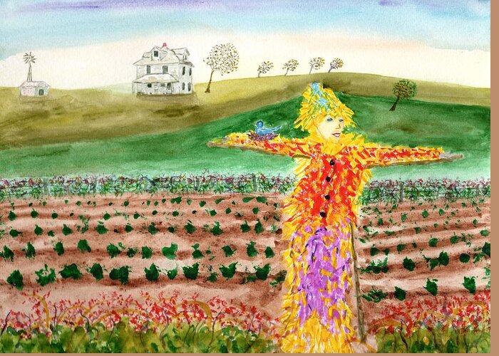  Jim Taylor Greeting Card featuring the painting Scarecrow with nesting companion by Jim Taylor