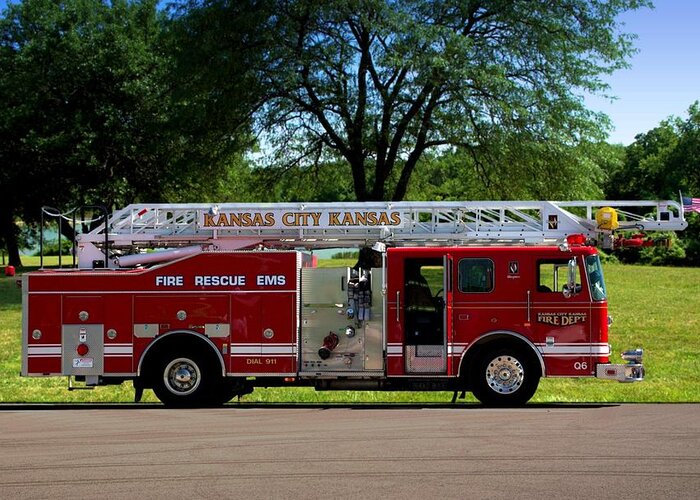  Seagrave Greeting Card featuring the photograph Seagrave 75ft Meanstick Ladder Fire Truck by Tim McCullough
