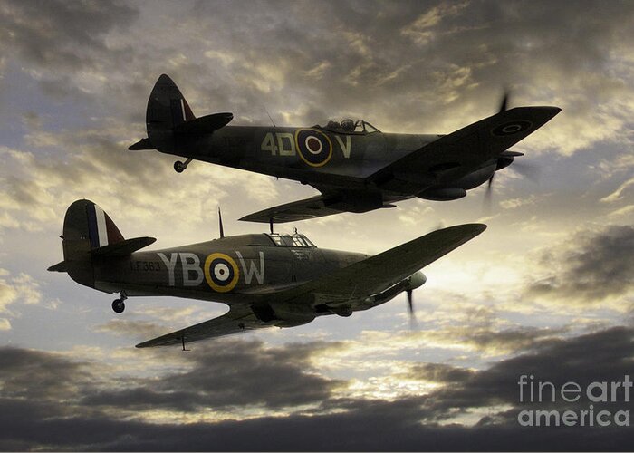Supermarine Spitfire Greeting Card featuring the digital art Spitfire and Hurricane by Airpower Art