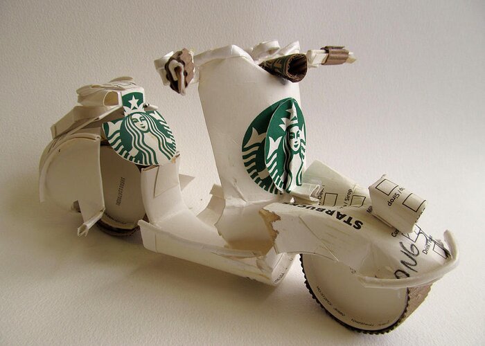 Starbucks Coffee Cup Greeting Card featuring the sculpture Starbucks vespa by Alfred Ng