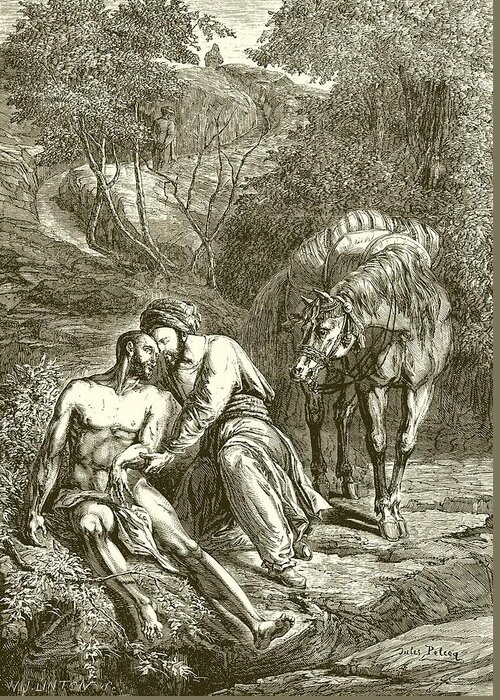 Bible; Biblical; The Good Samaritan; Parable; Jesus Christ; Horse; Sickness; Kindness; Help; Assistance Greeting Card featuring the drawing The Good Samaritan by English School
