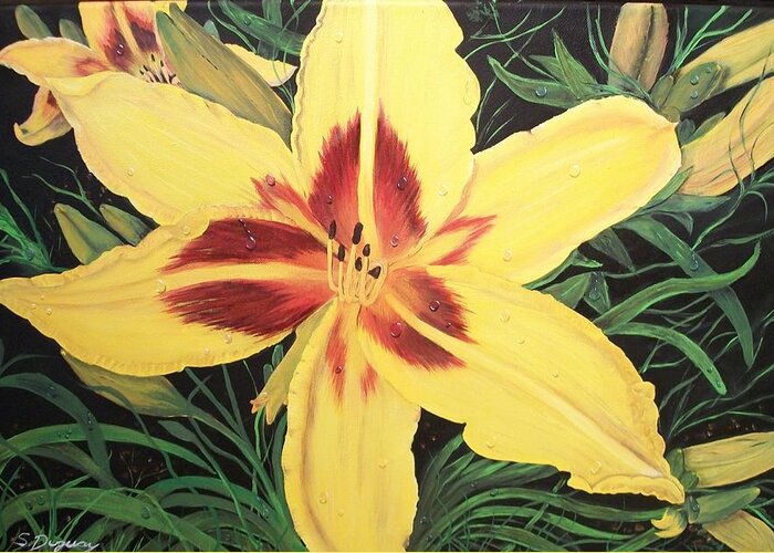  Firery Center Greeting Card featuring the painting Yellow Lily by Sharon Duguay